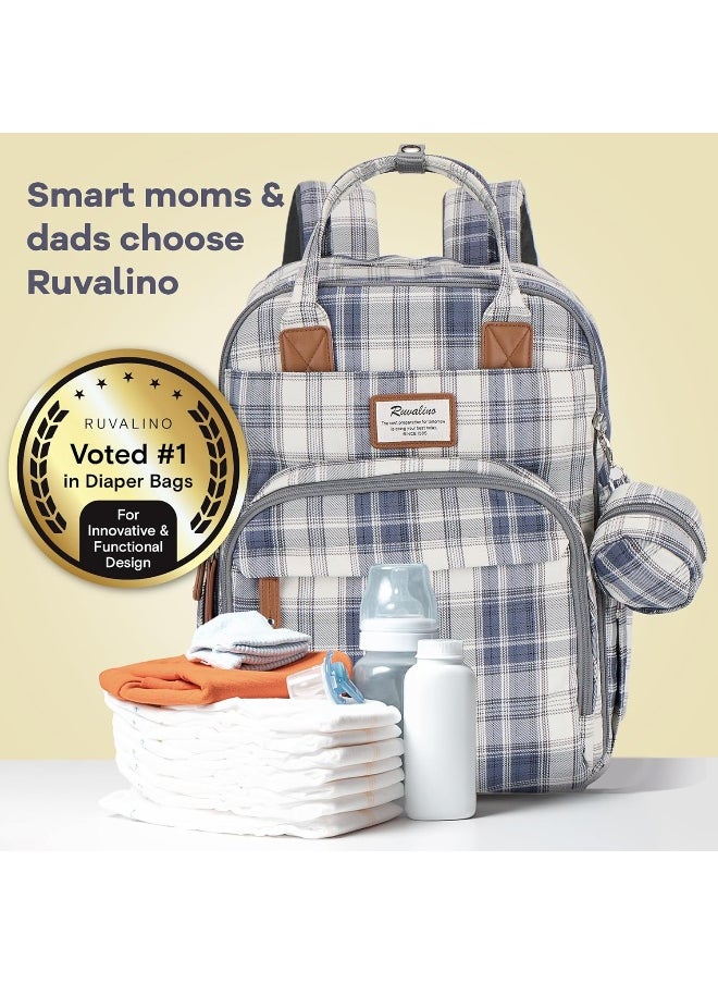 RUVALINO Diaper Bag Backpack, Multifunction Travel Pack Maternity Baby Changing Bags, Large Capacity, Waterproof, Blue Plaid