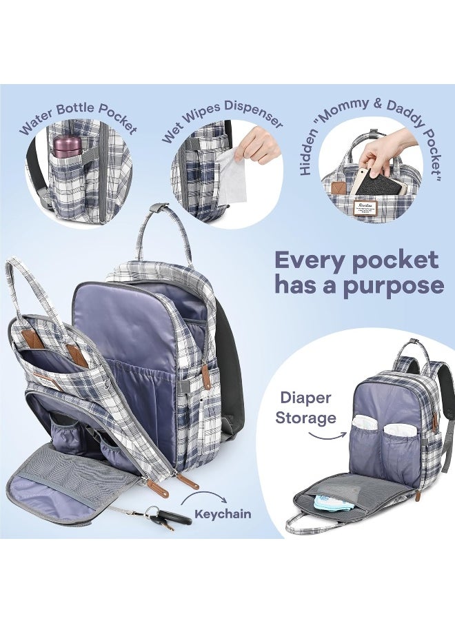 RUVALINO Diaper Bag Backpack, Multifunction Travel Pack Maternity Baby Changing Bags, Large Capacity, Waterproof, Blue Plaid