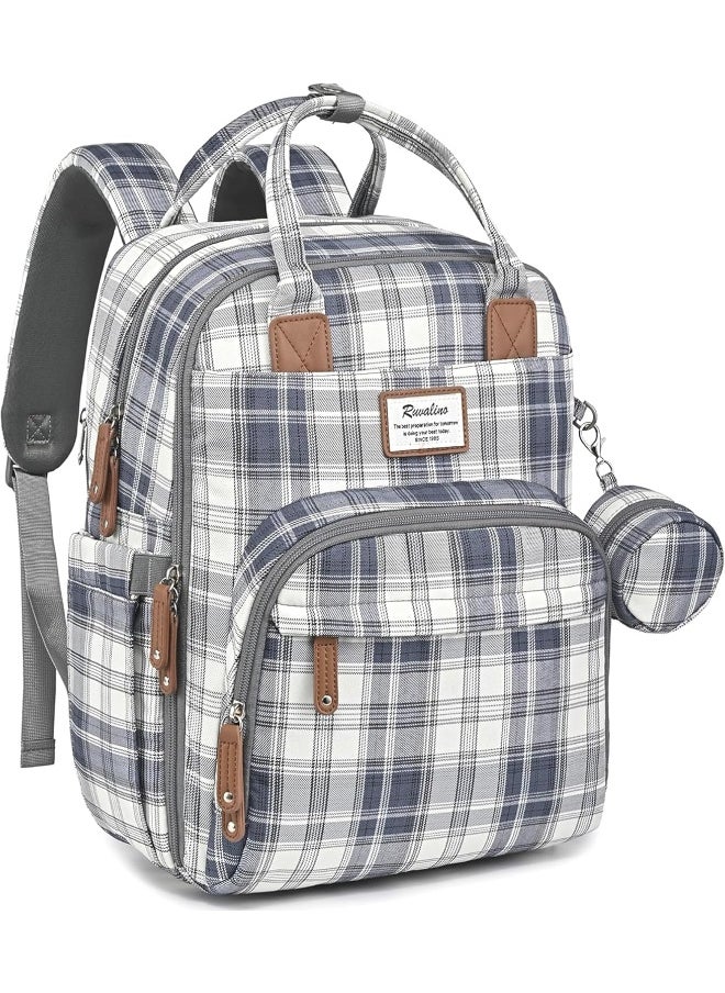 RUVALINO Diaper Bag Backpack, Multifunction Travel Pack Maternity Baby Changing Bags, Large Capacity, Waterproof, Blue Plaid
