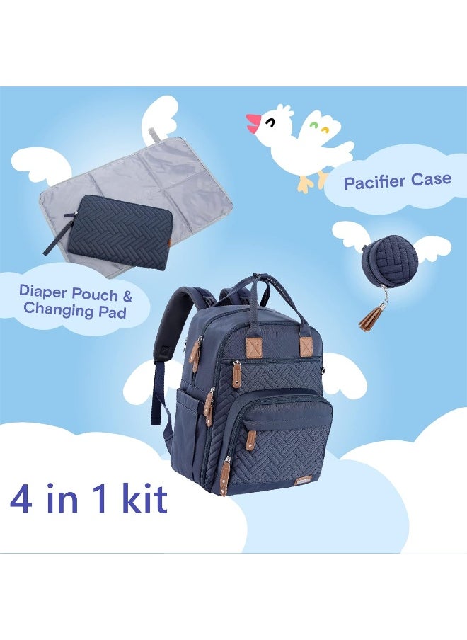 iniuniu Diaper Bag Backpack, 4 in 1 kit Large Unisex Baby Bags for Boys Girls, Waterproof Travel Back Pack with Diaper Pouch, Washable Changing Pad, Pacifier Case and Stroller Straps, Navy Blue