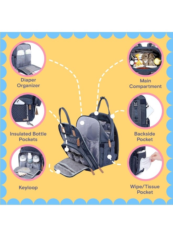 iniuniu Diaper Bag Backpack, 4 in 1 kit Large Unisex Baby Bags for Boys Girls, Waterproof Travel Back Pack with Diaper Pouch, Washable Changing Pad, Pacifier Case and Stroller Straps, Navy Blue
