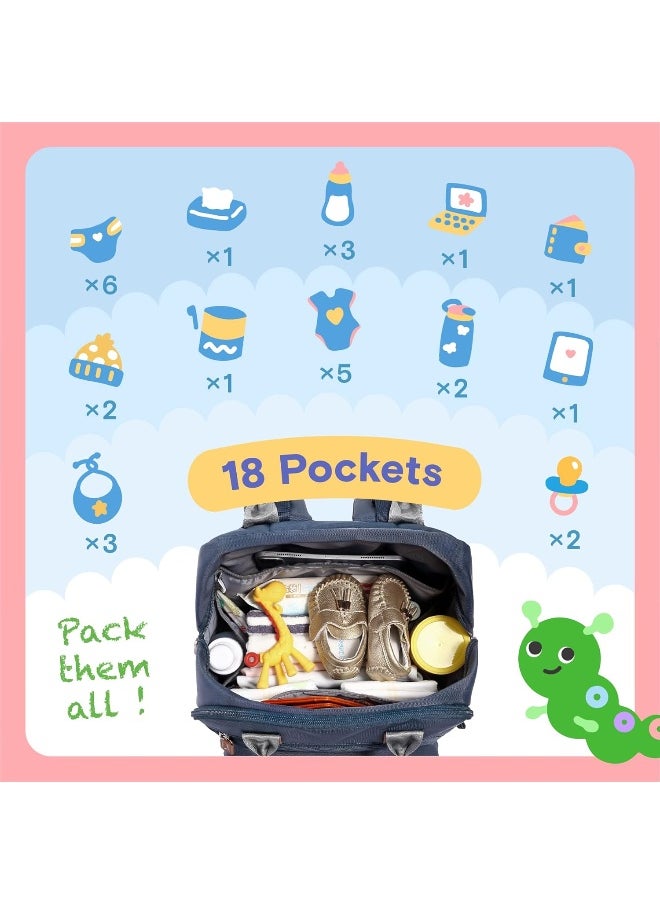 iniuniu Diaper Bag Backpack, 4 in 1 kit Large Unisex Baby Bags for Boys Girls, Waterproof Travel Back Pack with Diaper Pouch, Washable Changing Pad, Pacifier Case and Stroller Straps, Navy Blue