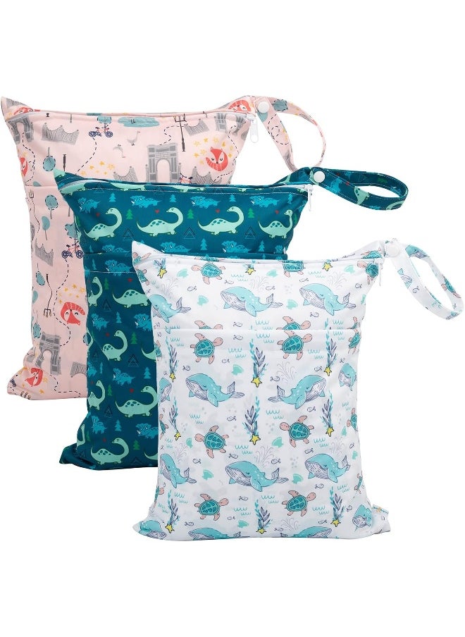 Babygoal 3LN17 Wet Dry Bags 3 Pack for Baby Cloth Diapers, Beach, Pool, Gym Bag for Swimsuits & Wet Clothes with Two Zippered Pockets