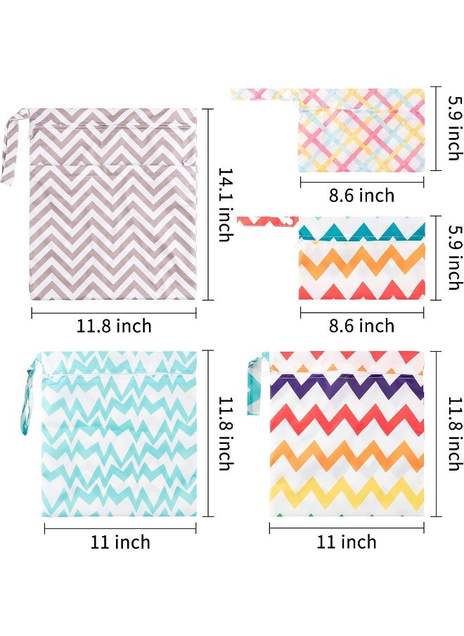 R HORSE 5Pcs Cloth Diaper Wet Dry Bags Waterproof Reusable Wet Bag Diaper Baby Cloth Diaper Wet Dry Bags with 2 Zippered Pockets Travel Beach Pool Bag with Stripe Pattern (3 Sizes)