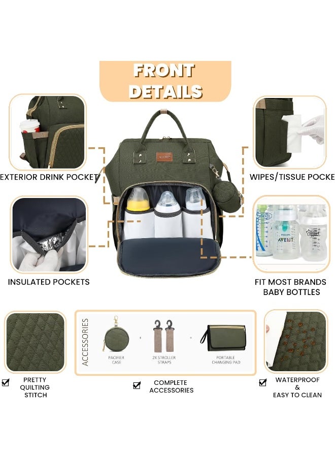 ROSEGIN Diaper Bag Backpack with Changing Pad, Pacifier Case, Baby Bag for Boy Girl Toddler - Large, Stylish, Waterproof Travel Diaper Bag for Mom - Baby Shower - Army Green