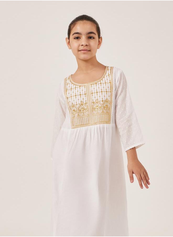 Embroidered Yoke Round Neck Maxi Dress