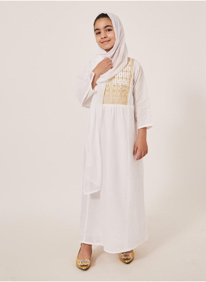 Embroidered Yoke Round Neck Maxi Dress