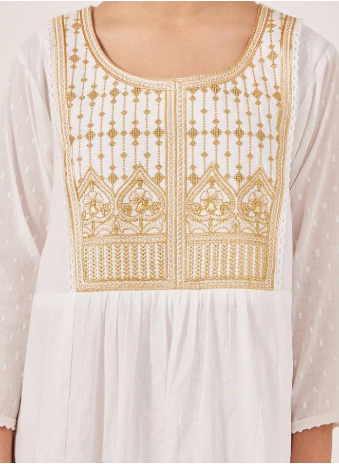 Embroidered Yoke Round Neck Maxi Dress
