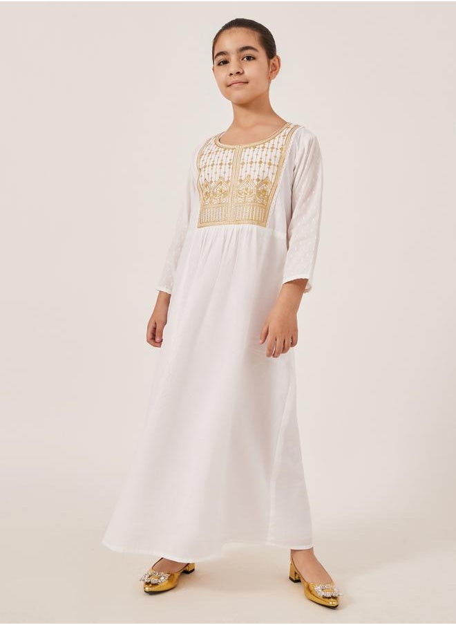 Embroidered Yoke Round Neck Maxi Dress