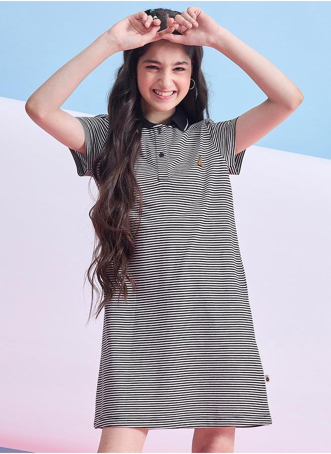 Striped Collared Half-Button Placket A-Line Dress by Styli