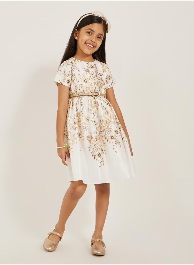 Floral Printed Satin Dress with Glittered Belt Detail