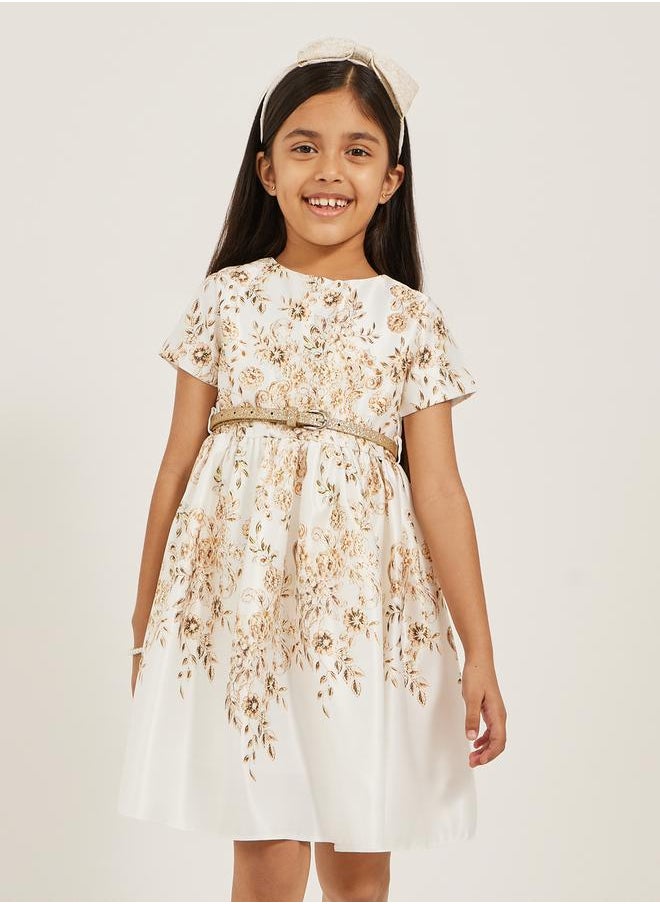 Floral Printed Satin Dress with Glittered Belt Detail