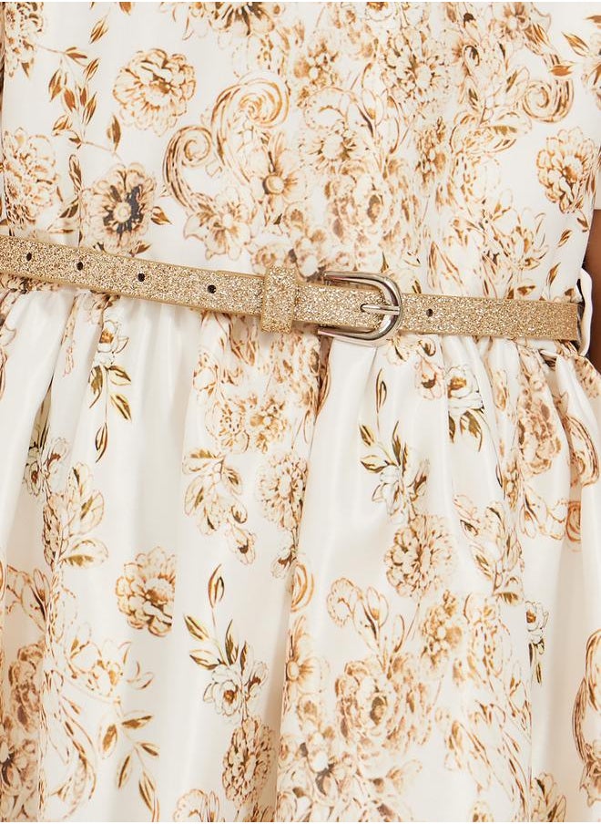 Floral Printed Satin Dress with Glittered Belt Detail