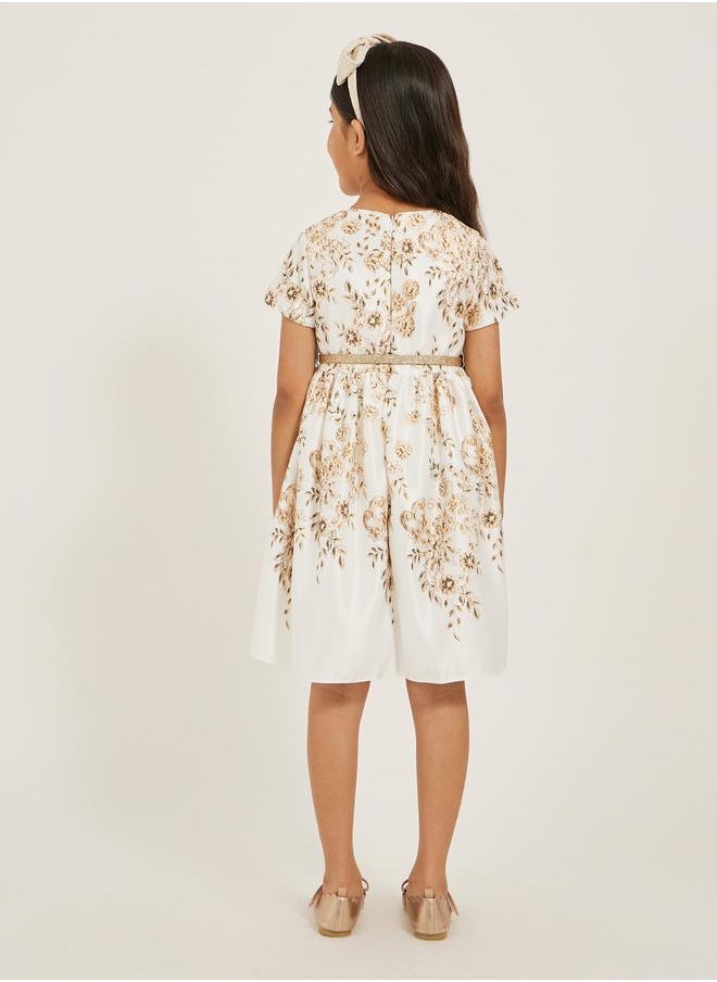 Floral Printed Satin Dress with Glittered Belt Detail