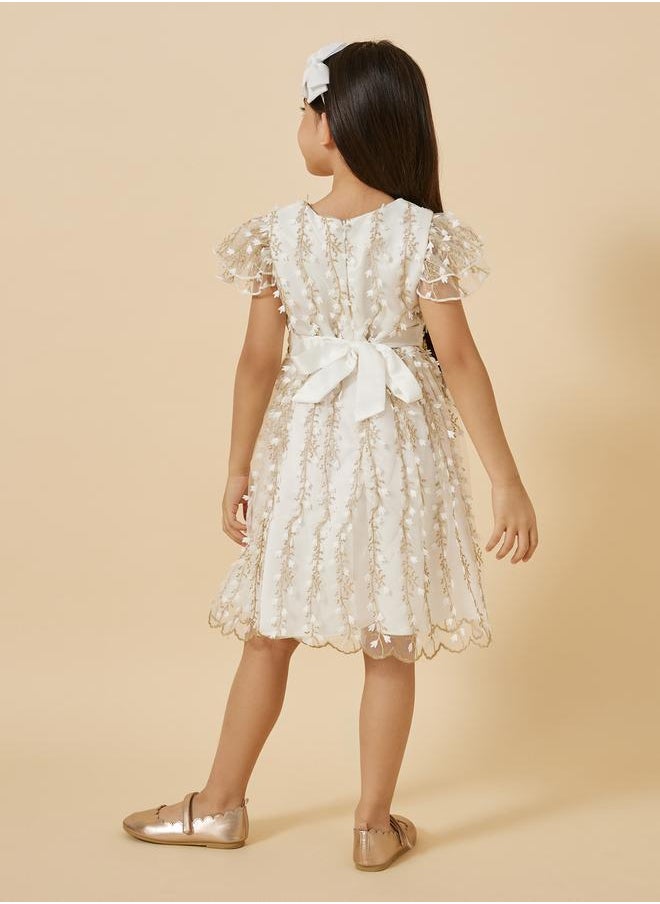 Mesh Embroidered Frill Sleeve Dress
