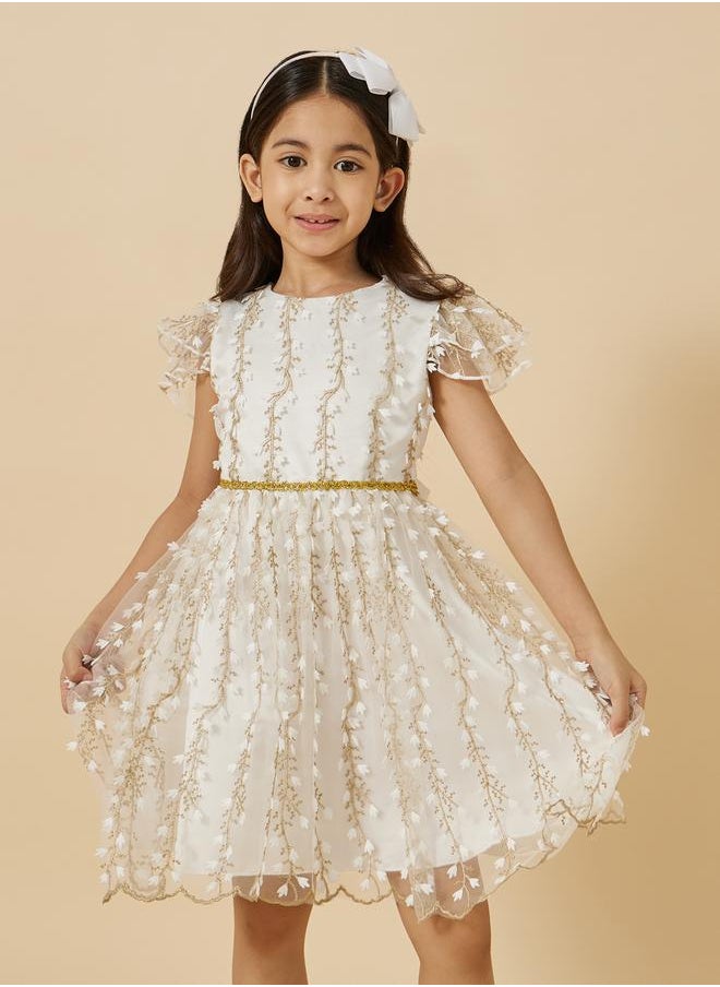 Mesh Embroidered Frill Sleeve Dress