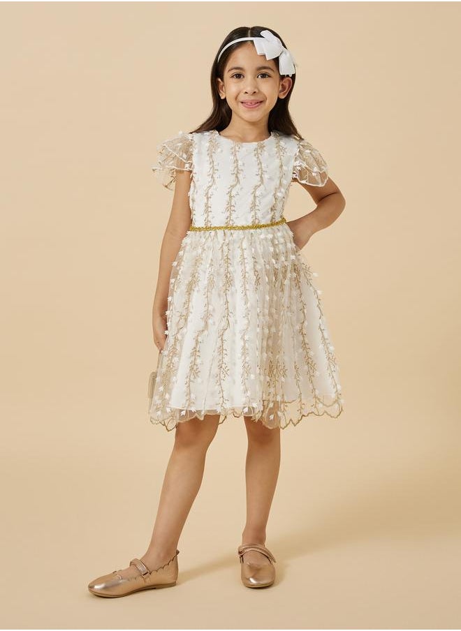 Mesh Embroidered Frill Sleeve Dress