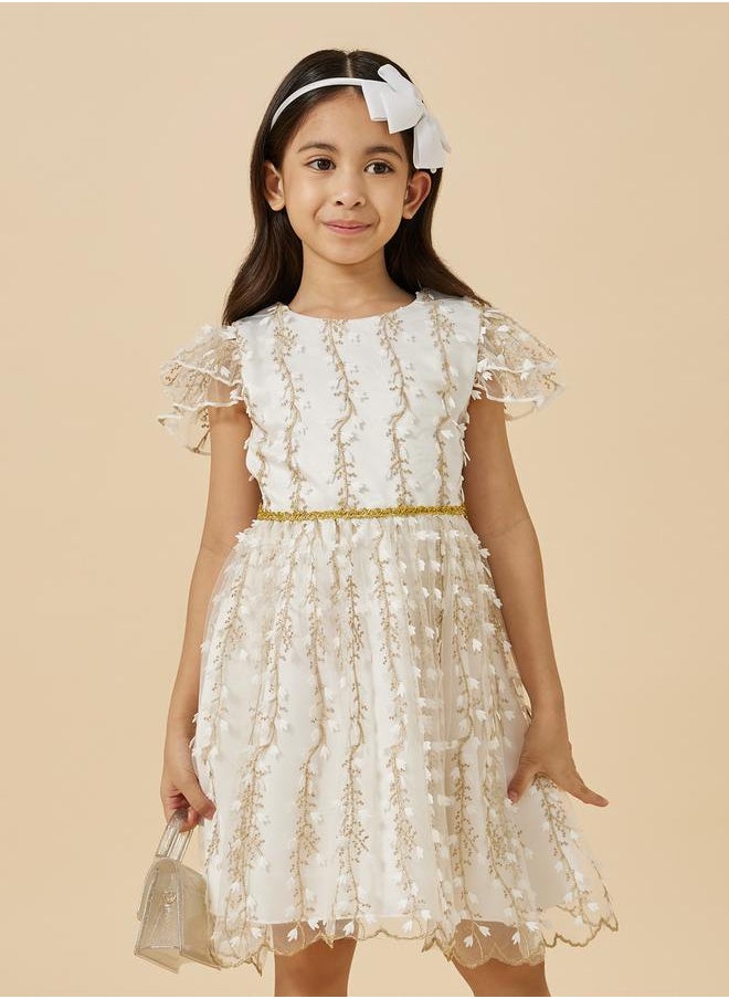 Mesh Embroidered Frill Sleeve Dress