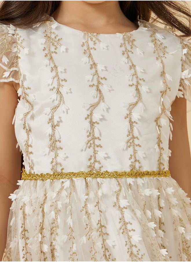 Mesh Embroidered Frill Sleeve Dress