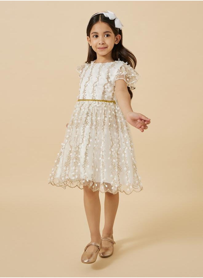 Mesh Embroidered Frill Sleeve Dress
