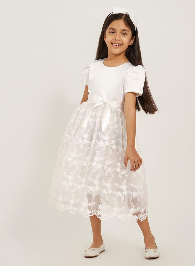 Embroidered Bow Detail Puff Sleeves Dress