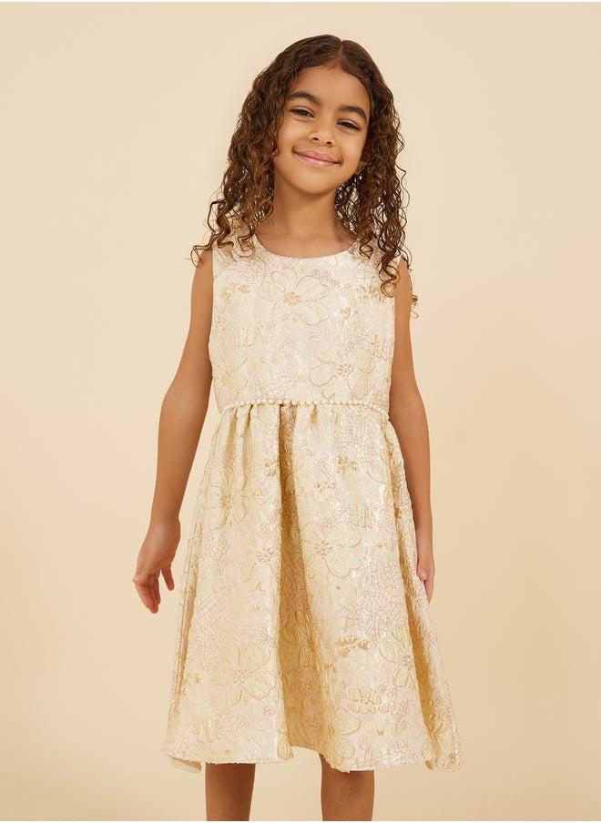 Jacquard Faux Pearl Embellished Sleeveless Dress