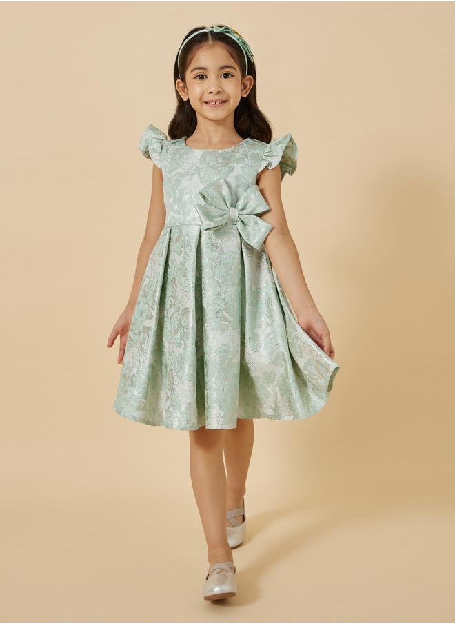 Jacquard Frill Sleeve Bow Detail Dress