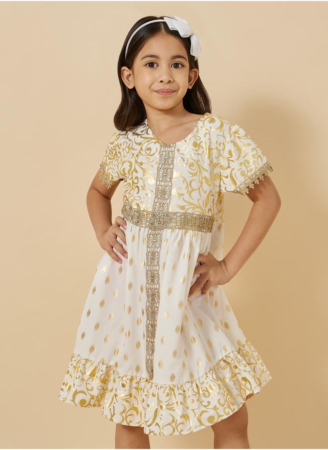Foil Print Round Neck Ruffled Hem Dress