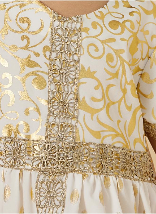 Foil Print Round Neck Ruffled Hem Dress