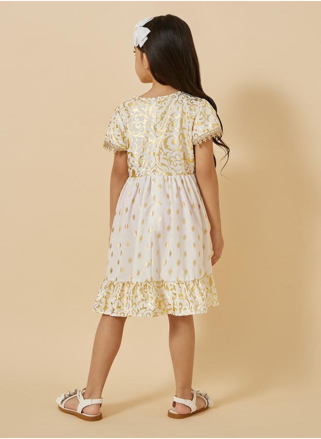 Foil Print Round Neck Ruffled Hem Dress