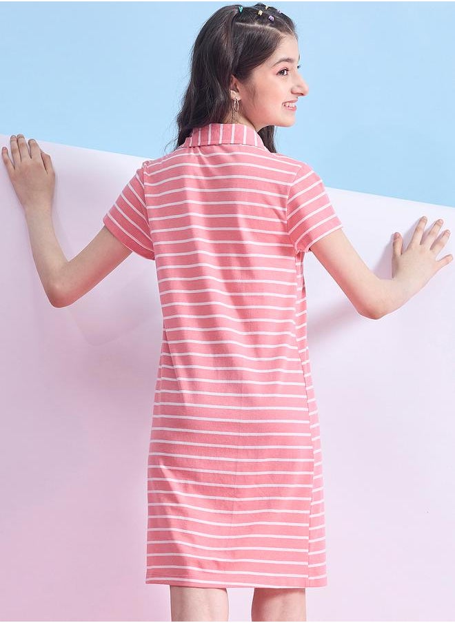 Striped Collared Half-Button Placket A-Line Dress by Styli