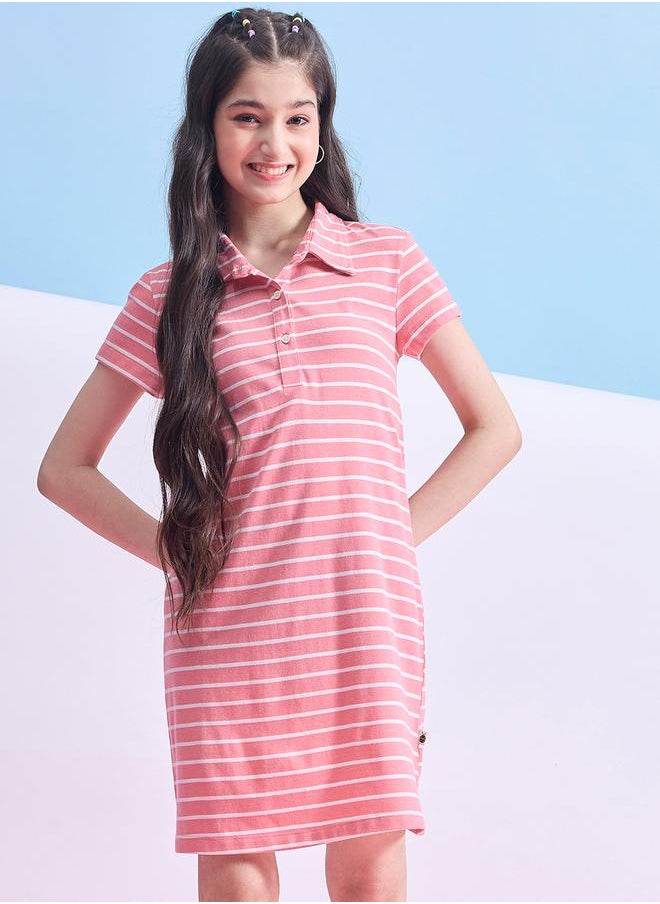 Striped Collared Half-Button Placket A-Line Dress by Styli
