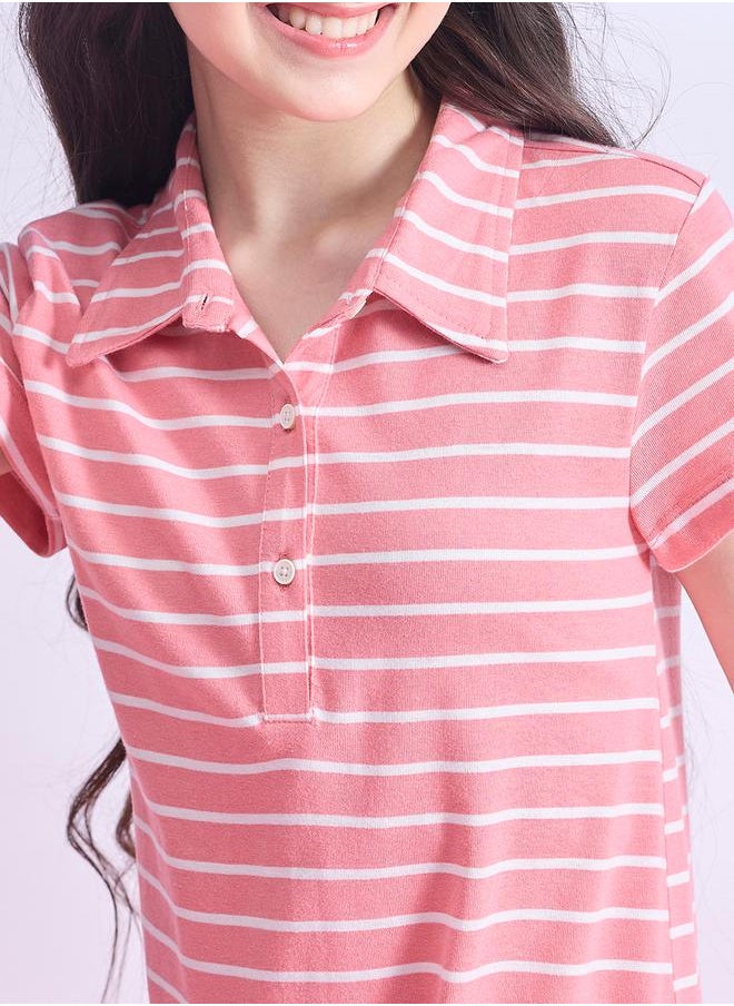 Striped Collared Half-Button Placket A-Line Dress by Styli