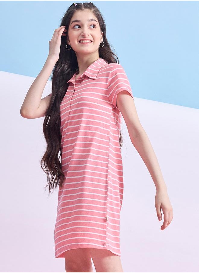 Striped Collared Half-Button Placket A-Line Dress by Styli