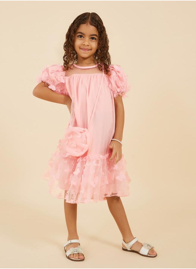 Butterfly Applique Mesh Off Shoulder Dress with Bag
