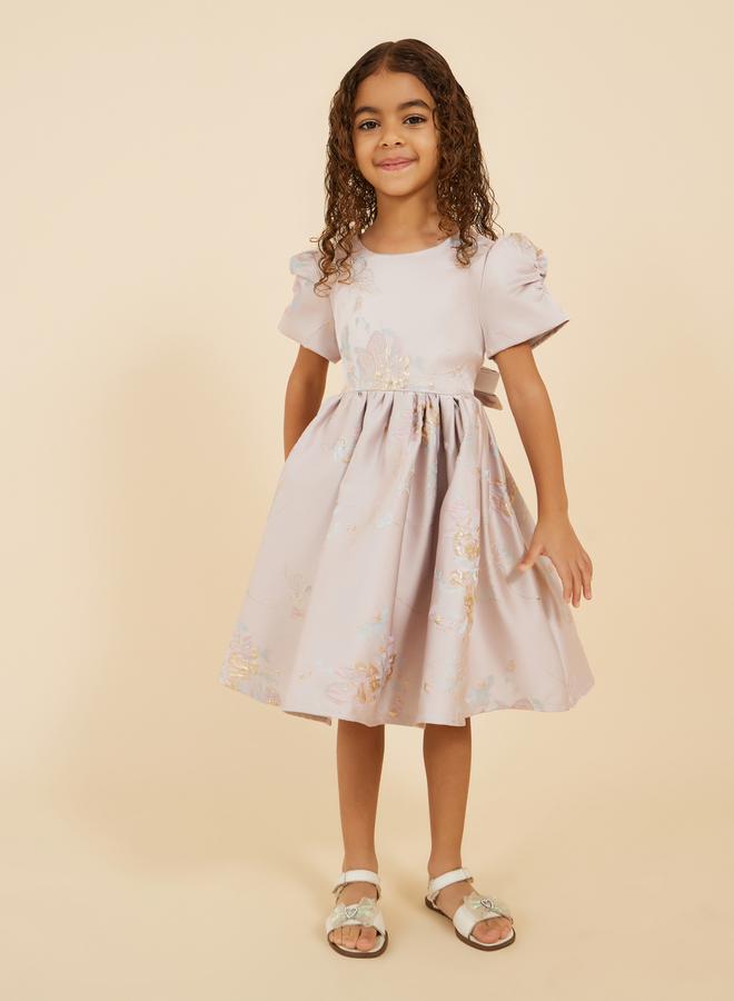 Puff Sleeve Round Neck Pleated Dress