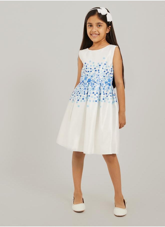 Floral Printed Bow Detail Pleated Dress