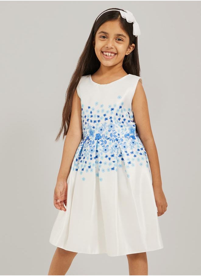 Floral Printed Bow Detail Pleated Dress