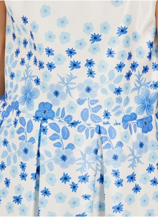Floral Printed Bow Detail Pleated Dress
