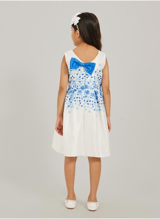 Floral Printed Bow Detail Pleated Dress