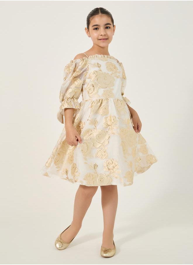 Jacquard Off Shoulder Ruffled Detail Dress