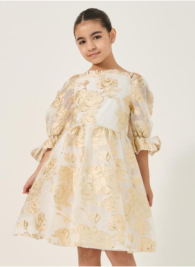 Jacquard Off Shoulder Ruffled Detail Dress