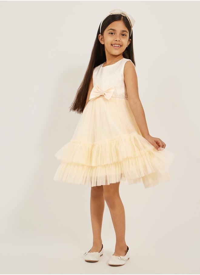 Embellished Layered Ruffle Hem Dress with Bow Detail