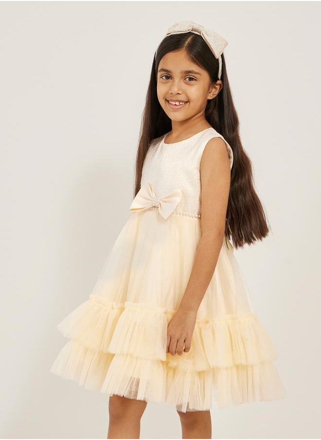 Embellished Layered Ruffle Hem Dress with Bow Detail