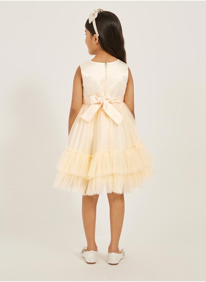 Embellished Layered Ruffle Hem Dress with Bow Detail