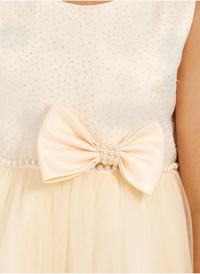 Embellished Layered Ruffle Hem Dress with Bow Detail