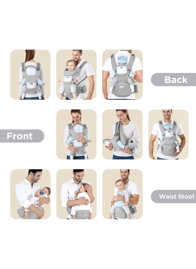 Huifen Baby Carrier with Hip Seat, Multi-Functional 9 in 1 Baby Carrier Newborn to Toddler for All Seasons, Baby Backpack Carrier for Toddler, Infant Newborn (7-45Lb) (Grey - Multifunctional Carrier)