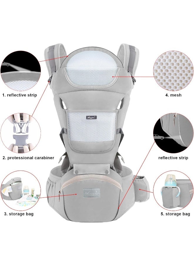 Huifen Baby Carrier with Hip Seat, Multi-Functional 9 in 1 Baby Carrier Newborn to Toddler for All Seasons, Baby Backpack Carrier for Toddler, Infant Newborn (7-45Lb) (Grey - Multifunctional Carrier)