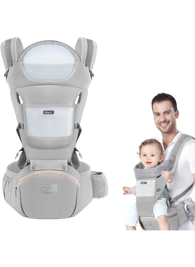 Huifen Baby Carrier with Hip Seat, Multi-Functional 9 in 1 Baby Carrier Newborn to Toddler for All Seasons, Baby Backpack Carrier for Toddler, Infant Newborn (7-45Lb) (Grey - Multifunctional Carrier)