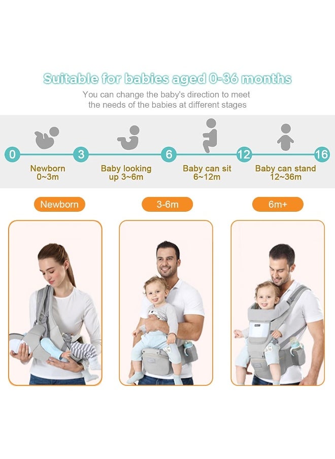Huifen Baby Carrier with Hip Seat, Multi-Functional 9 in 1 Baby Carrier Newborn to Toddler for All Seasons, Baby Backpack Carrier for Toddler, Infant Newborn (7-45Lb) (Grey - Multifunctional Carrier)